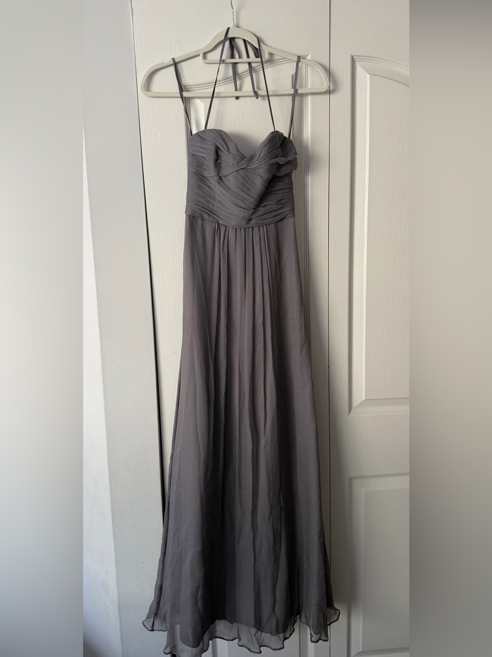 Amsale 100% silk Gray Strapless Chiffon Maxi with Spaghetti Straps
